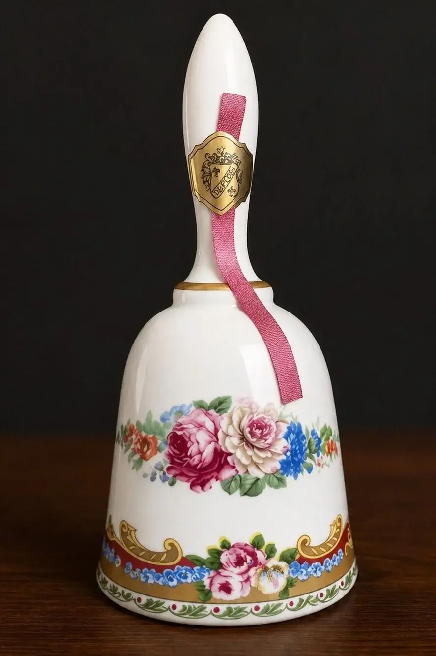 Vintage DEPOS Italy Porcelain Bell Floral Gold Trim Pink Ribbon Collectible